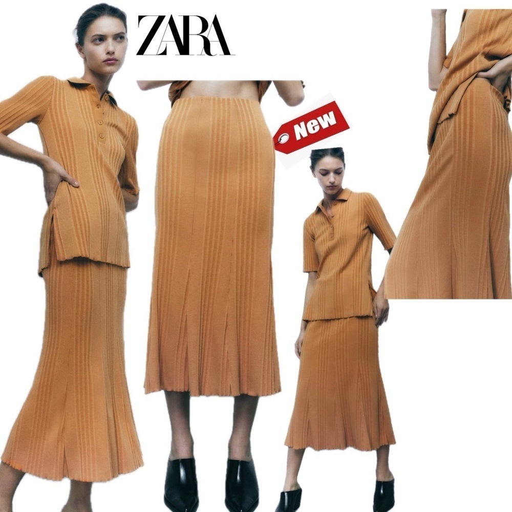 Zara Light Camel Brown Ribbed stretchy pull on Midi Skirt Sz S NWT